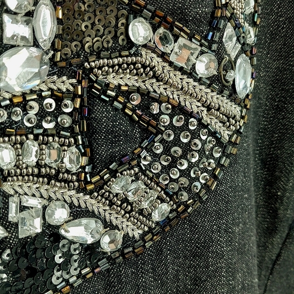 VINTAGE Bleu Bayou Denim Jacket XL Bead, Crystal & Sequin Embellished Peace Sign - Picture 13 of 17